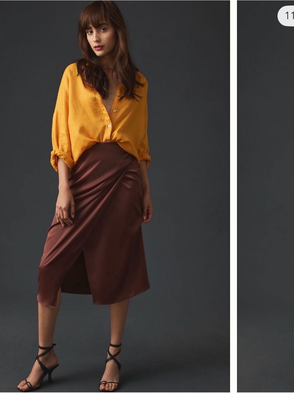 Anthropologie Mustard Top with Brown Satin Wrap Midi Skirt